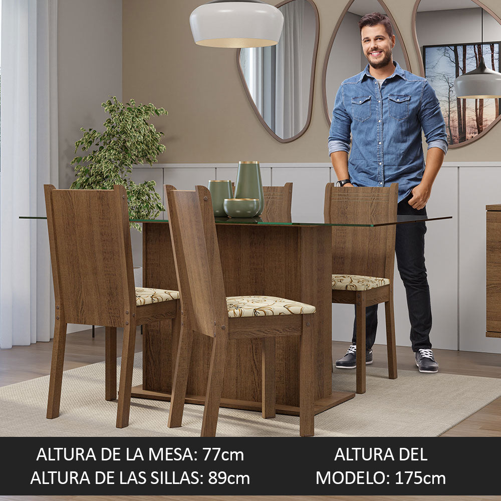 Juego de Comedor Mesa Tapa de Vidrio 4 Sillas Marrón/Lírio Beige España Madesa