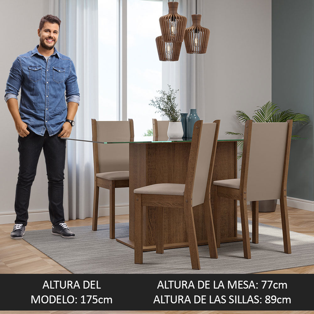Juego de Comedor Mesa Tapa de Vidrio 4 Sillas Marrón/Crema/Sintético Beige Yara Madesa