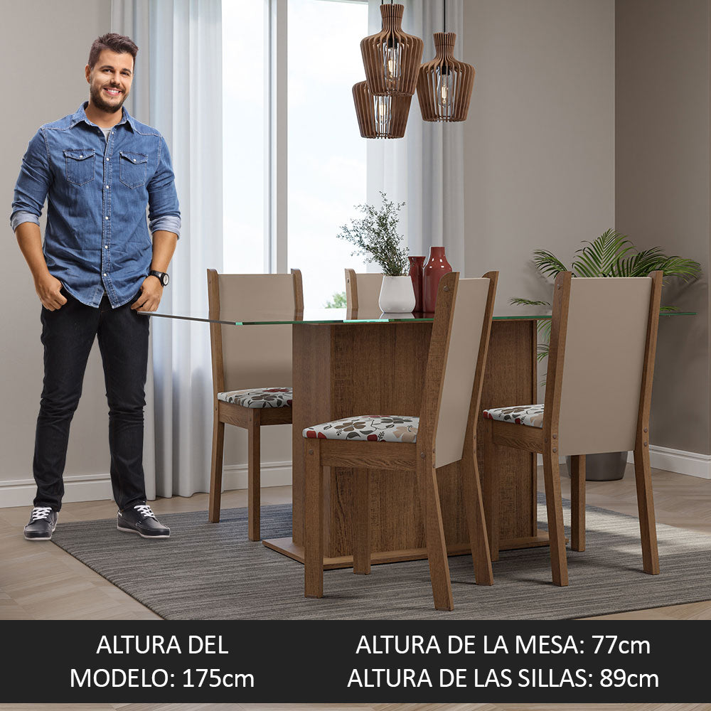 Juego de Comedor Mesa Tapa de Vidrio 4 Sillas Marrón/Crema/Floral Hibiscos Yara Madesa