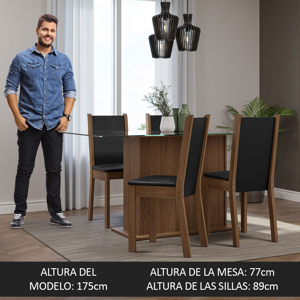 Juego de Comedor Mesa Tapa de Vidrio 4 Sillas Marrón/Negro Yara Madesa