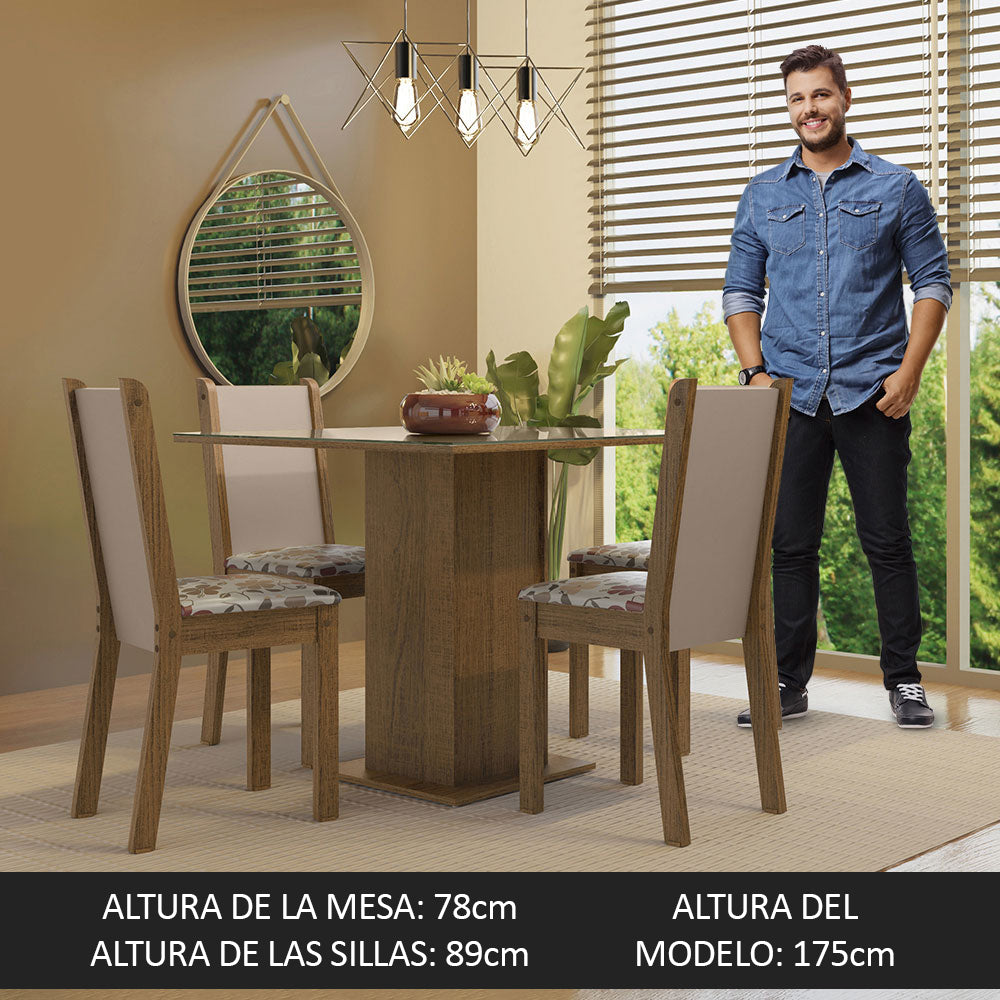 Juego de Comedor Mesa Tapa de Vidrio 4 Sillas Marrón/Crema/Hibiscos Tifani Madesa