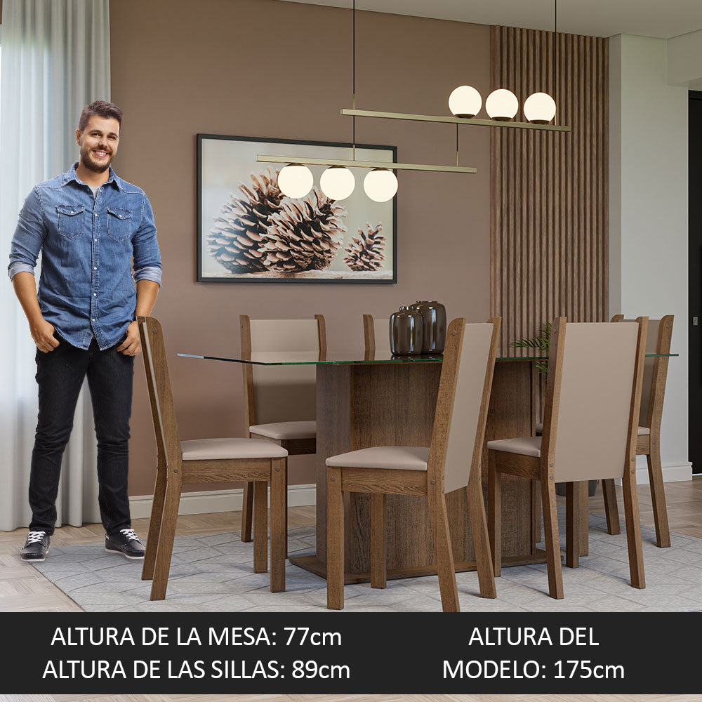 Juego de Comedor Mesa Tapa de Vidrio 6 Sillas Marrón/Crema/Sintético Beige Yolanda Madesa