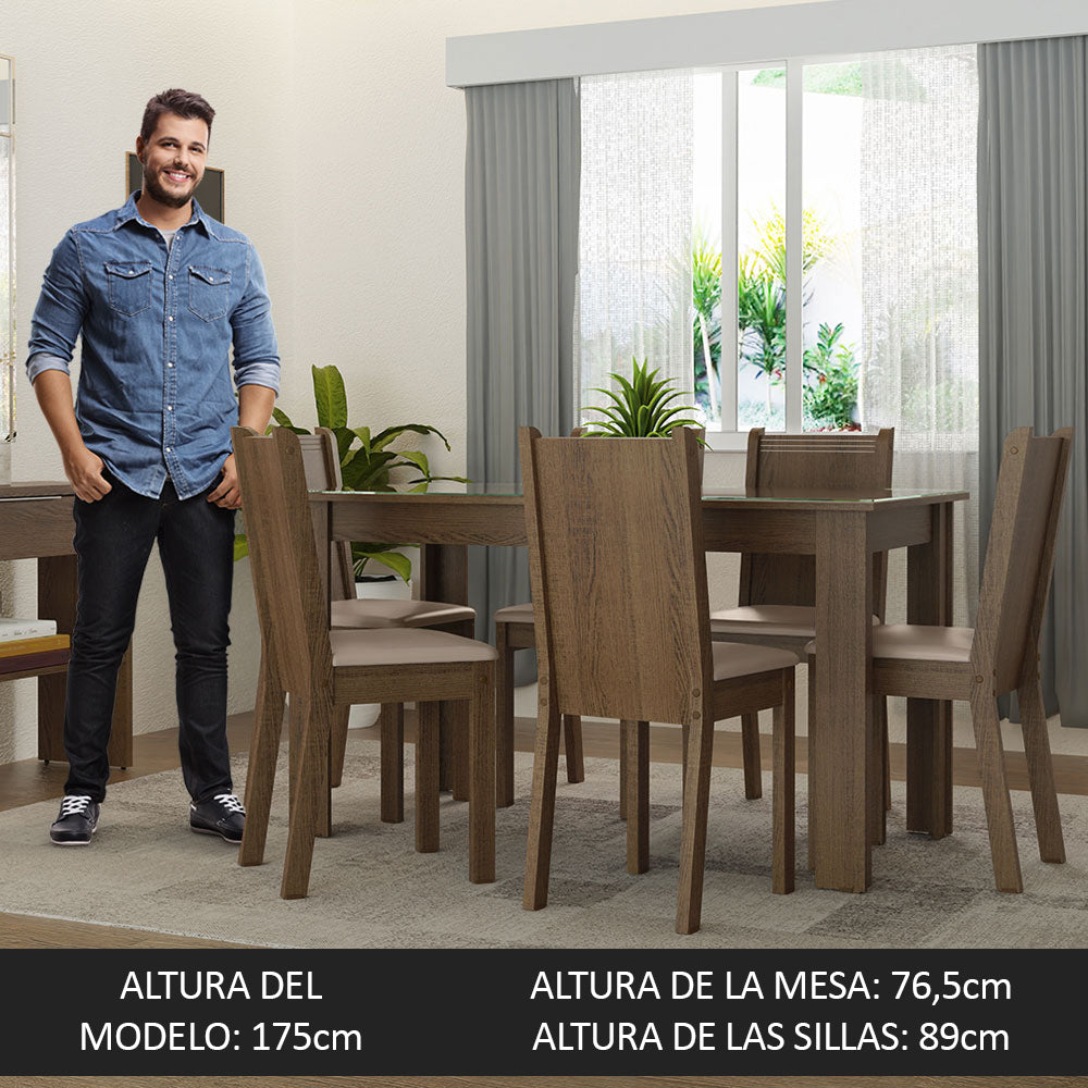 Juego de Comedor Mesa Tapa de Vidrio 6 Sillas Marrón/Sintético Beige Isla Madesa