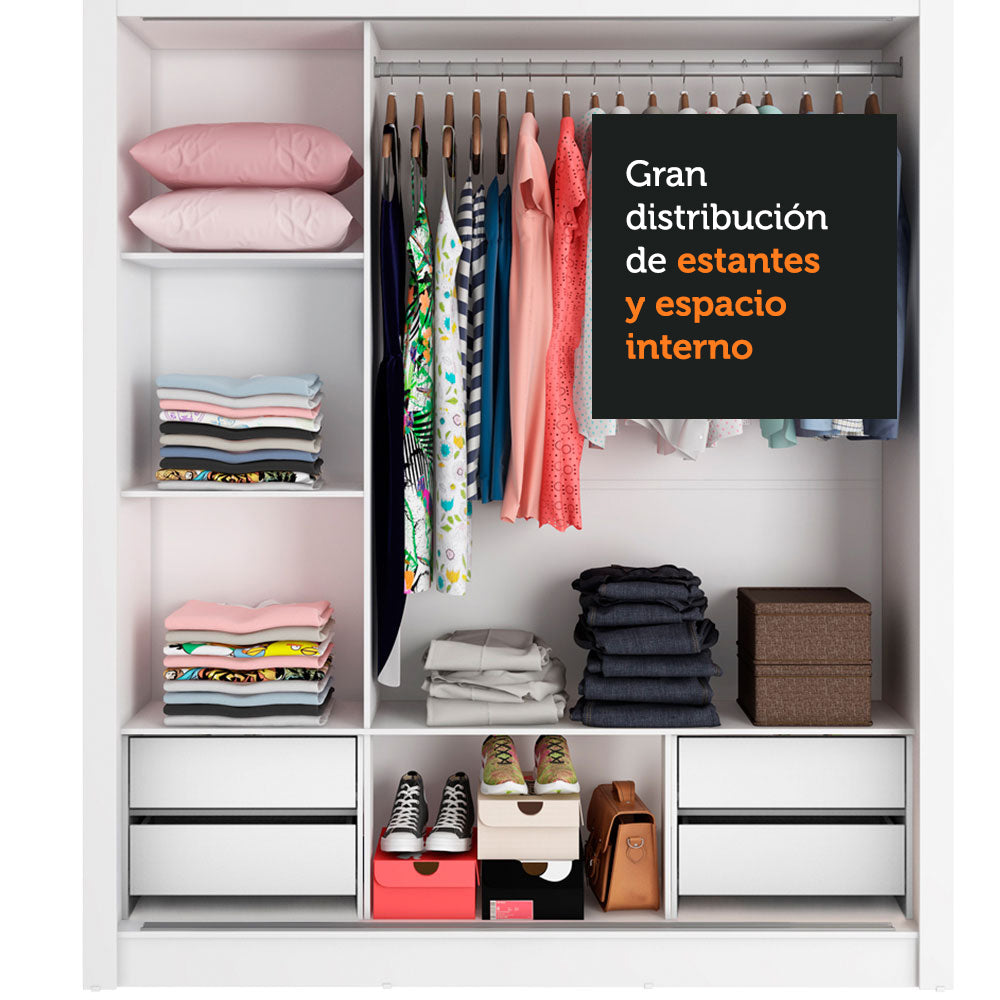 Placard Matrimonial Lyon Plus 3 Puertas Corredizas con Espejos 4 Cajones Blanco