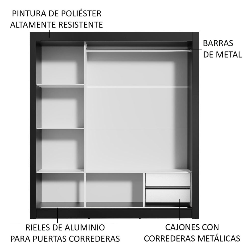 Placard Matrimonial Lyon 3 Puertas Corredizas con Espejos 2 Cajones Negro/Blanco