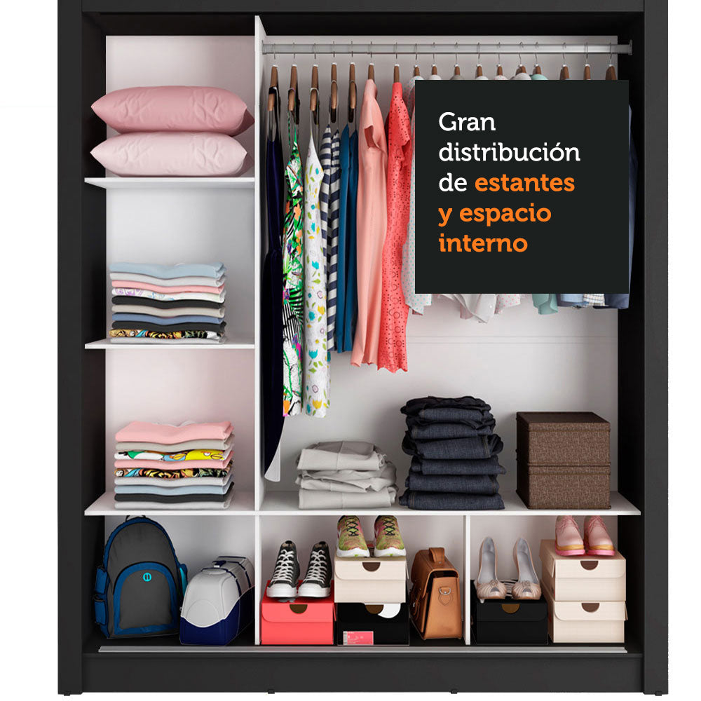 Placard Matrimonial 3 Puertas Corredizas con Espejo Negro/Gris Monaco