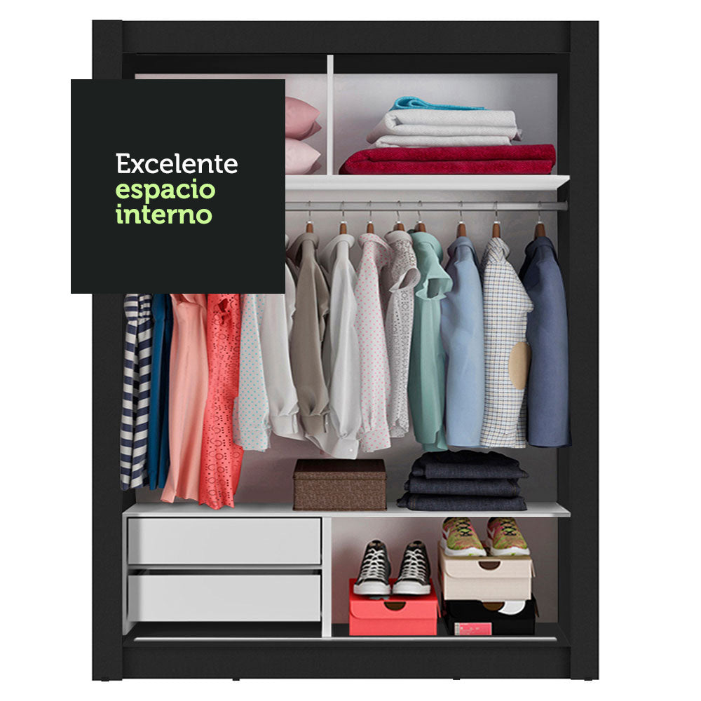Placard Soltero Dallas 2 Puertas Corredizas con Espejo 2 Cajones Negro/Blanco