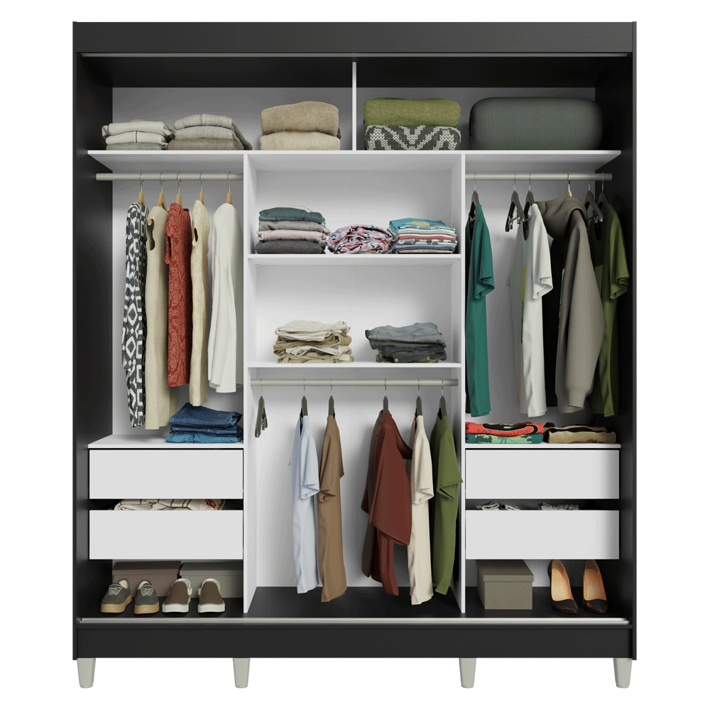 Placard Matrimonial con Patas 180 cm 3 Puertas con 3 Espejos Reno Negro/Marrón