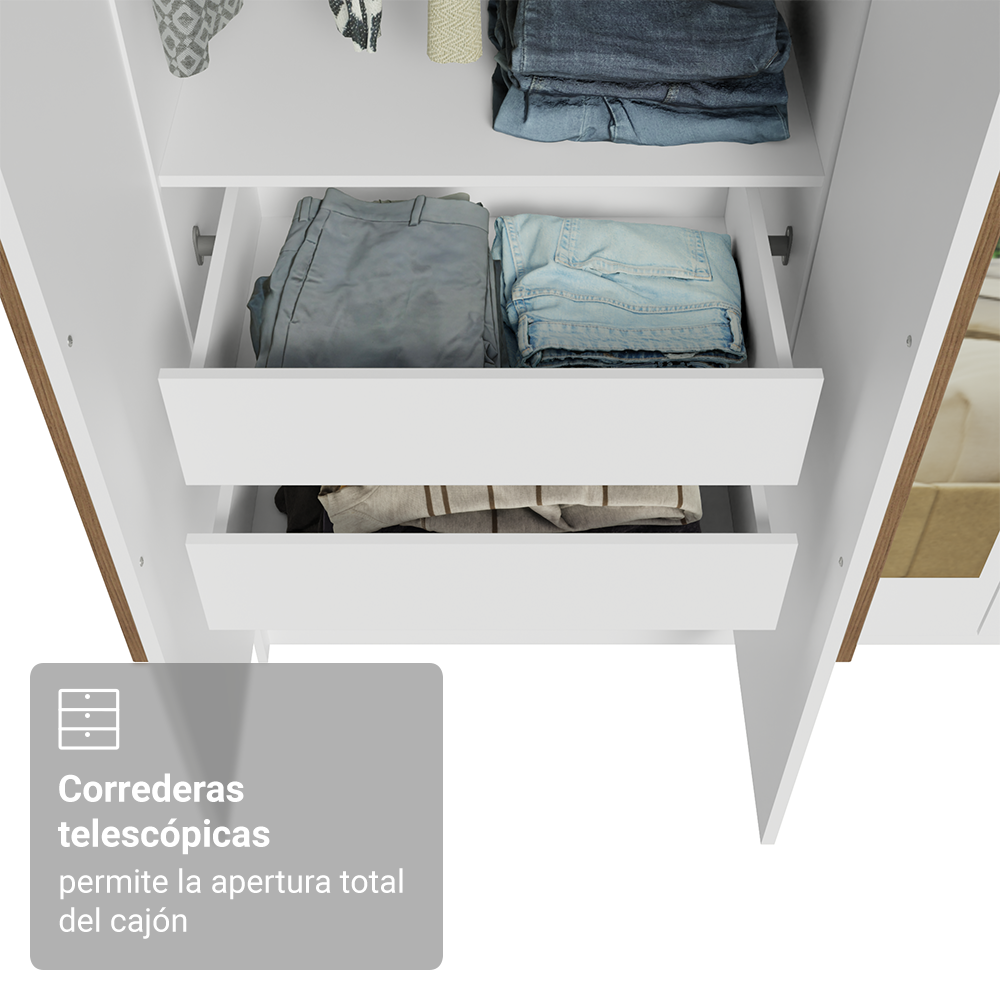 Placard Individual 4 Puertas Batientes con Espejo Blanco/Blanco/Marrón Venus Madesa