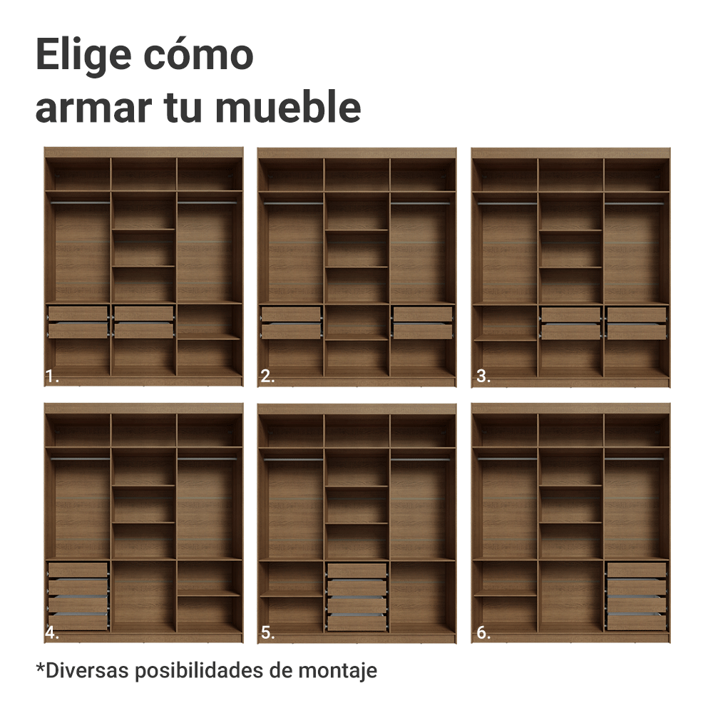 Placard Matrimonial 6 Puertas Batientes con Espejo Venus Marrón/Negro/Negro