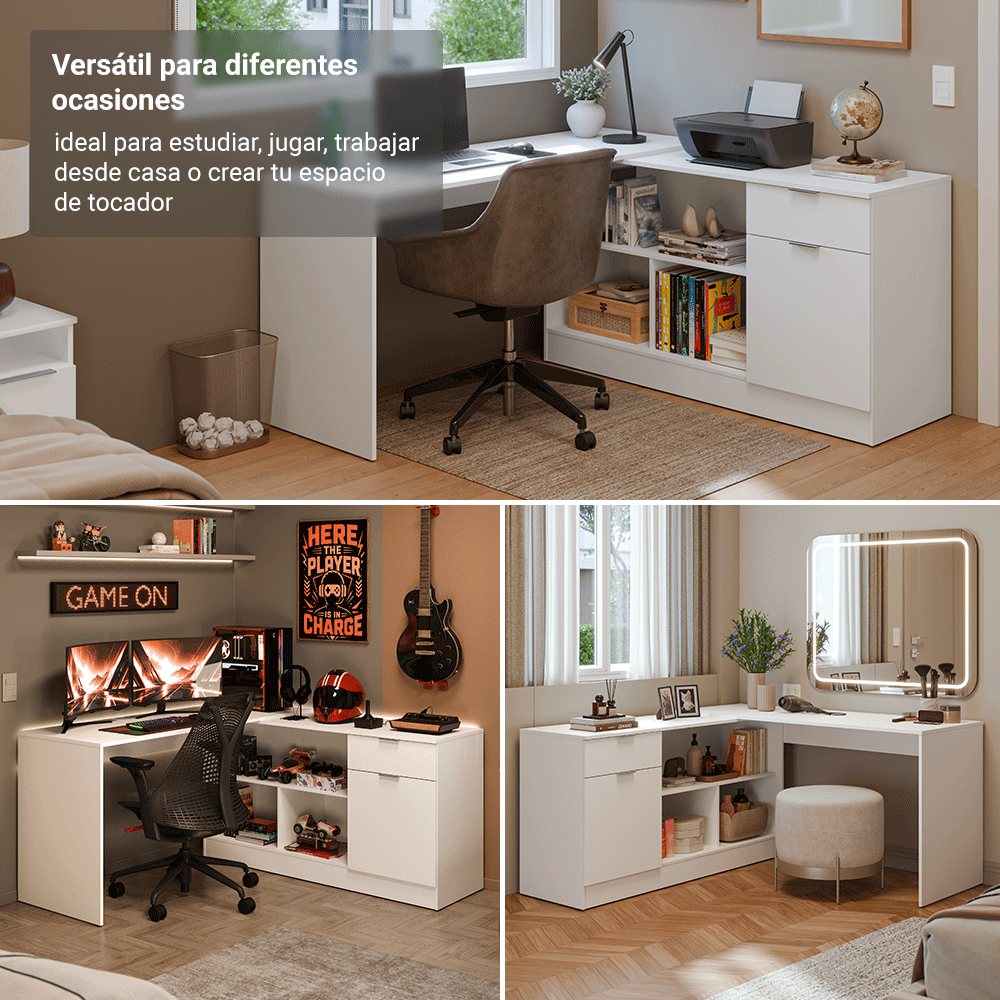 Escritorio Esquinero 300 cm Blanco Roma Madesa