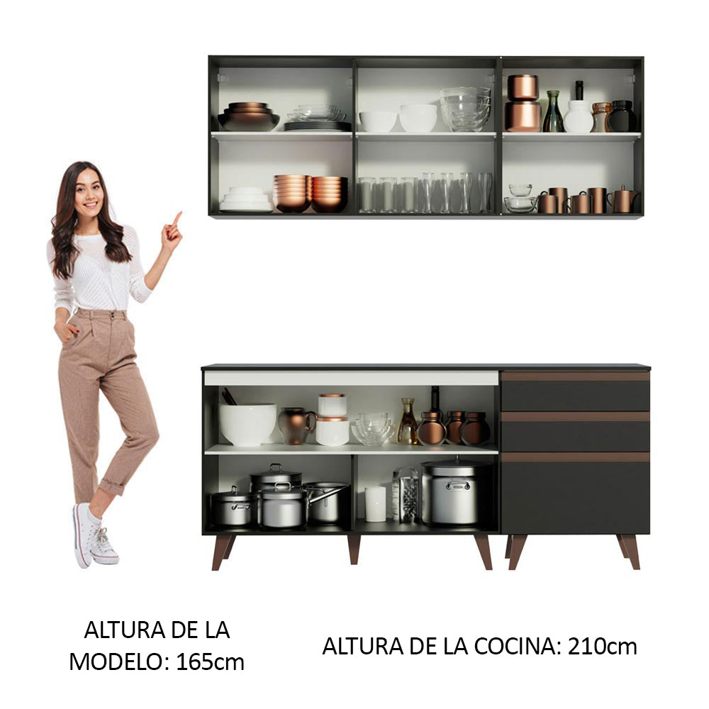Cocina Compacta 180 cm 5 Puertas y 3 Cajones Negro Reims Madesa