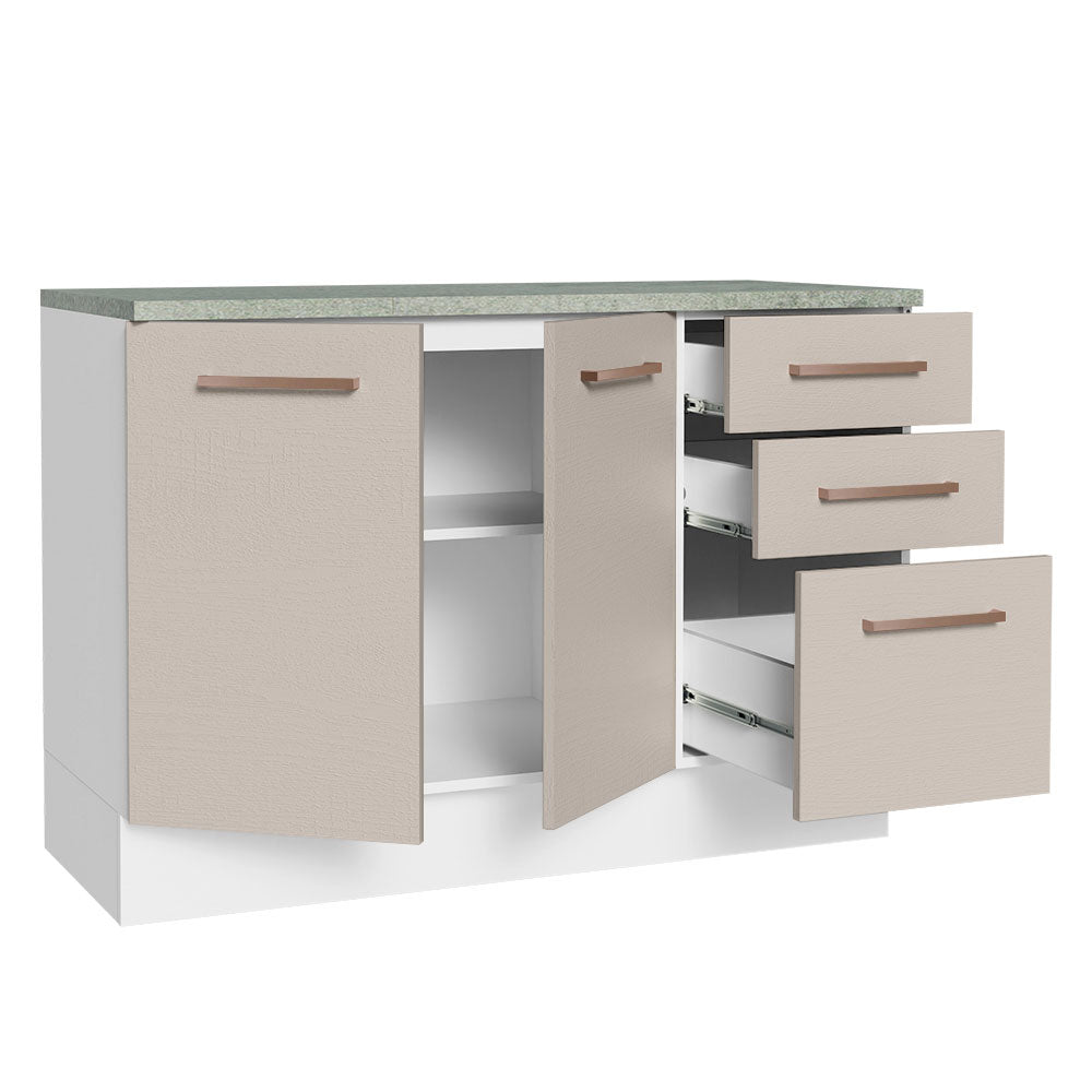 Bajo Mesada Cocina 120 cm x 60 cm, 3 Cajones 2 Puertas Agata Blanco/Crema
