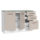 Bajo Mesada Cocina 120 cm x 60 cm, 3 Cajones 2 Puertas Agata Blanco/Crema
