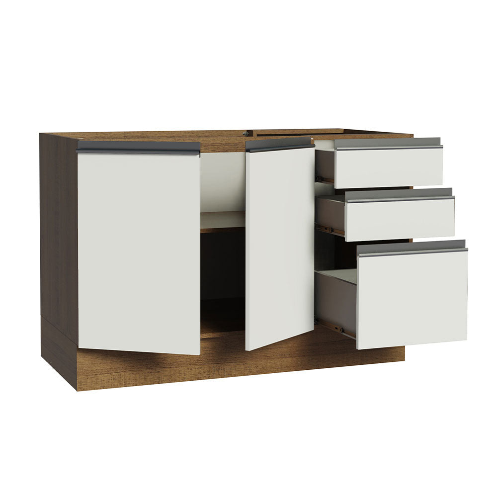 Bajo Mesada Cocina 120 cm x 60 cm, 3 Cajones 2 Puertas Glamy Marrón/Blanco
