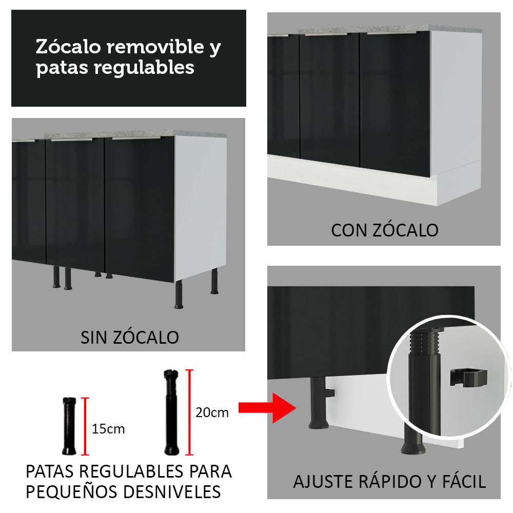 Bajo Mesada para Bacha 120 cm 2 Puertas 3 Cajones (Con Mesada) Lux Blanco/Negro