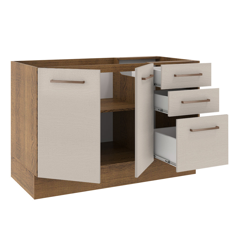 Bajo Mesada Cocina 120 cm x 60 cm, 3 Cajones 2 Puertas Agata Marrón/Crema