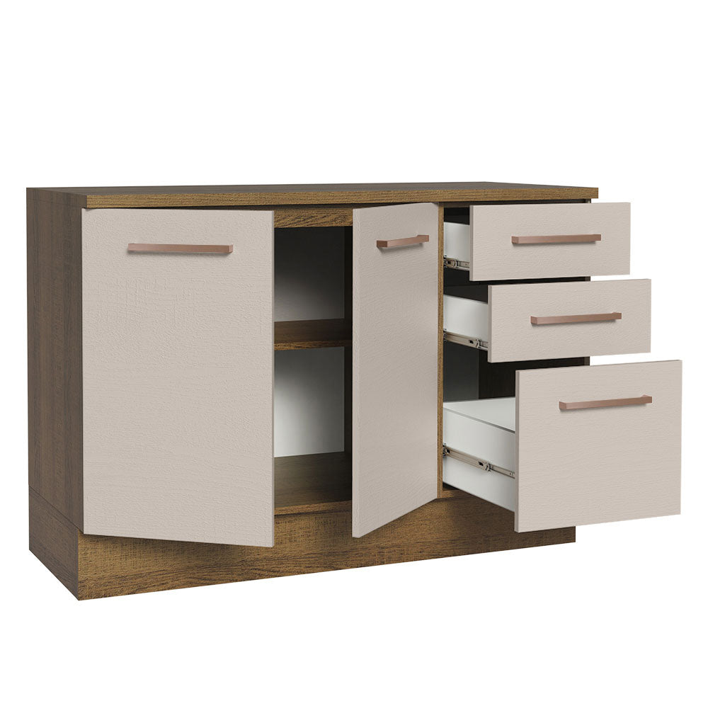 Bajo Mesada Cocina 120 cm x 60 cm, 3 Cajones 2 Puertas Agata Marrón/Crema