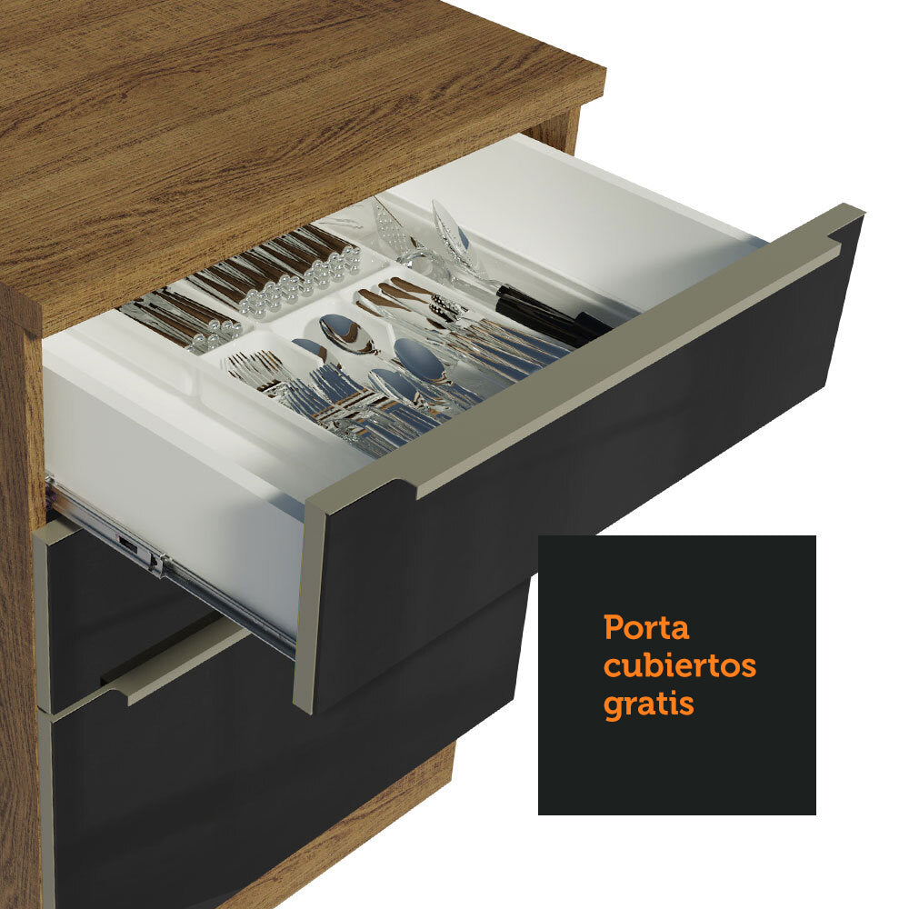 Bajo Mesada Cocina 120 cm x 60 cm, 3 Cajones 2 Puertas Lux Marrón/Negro
