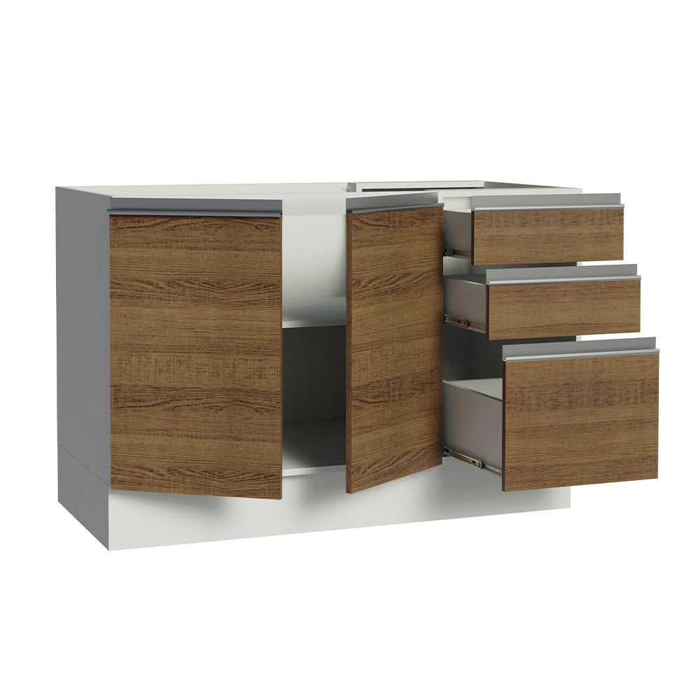 Bajo Mesada Cocina 120 cm x 60 cm, 3 Cajones 2 Puertas Glamy Blanco/Marrón