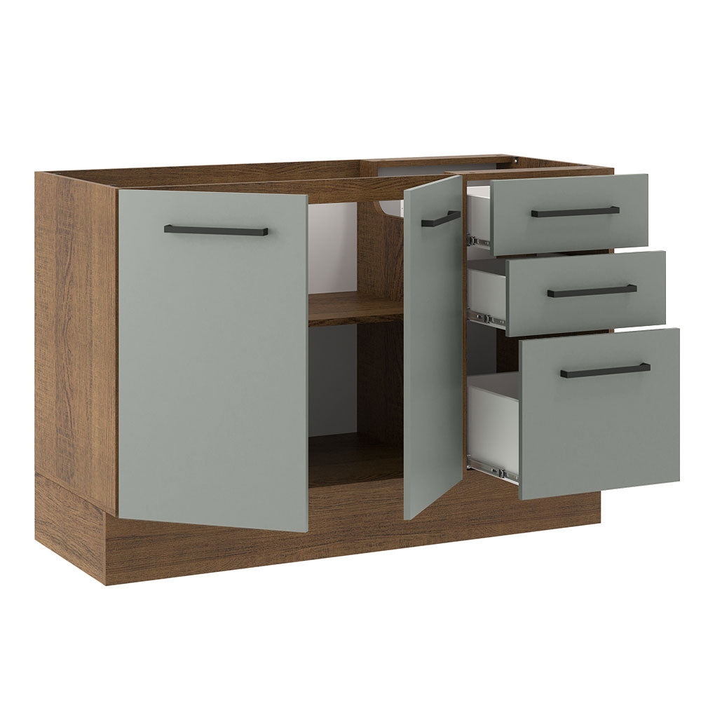 Bajo Mesada Cocina 120 cm x 60 cm, 3 Cajones 2 Puertas Agata Marrón/Gris