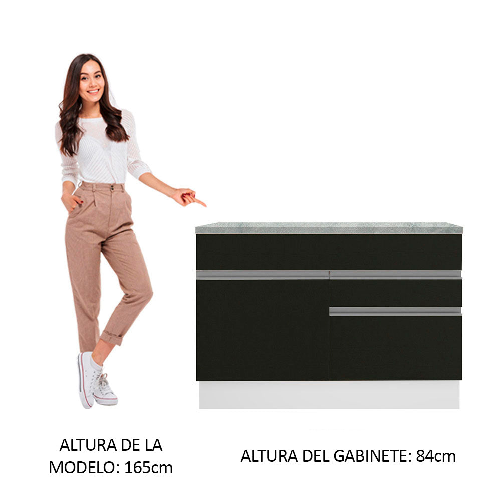 Bajo Mesada de Bacha de acero inoxidable 120cm 1 Puerta 2 Cajones Blanco/Negro (Con Tapa) Glamy