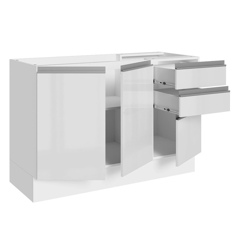 Bajo Mesada para Bacha 100% MDF 120 cm 3 Puertas e 2 Cajones Frentes Blanco Brillante Acordes Madesa