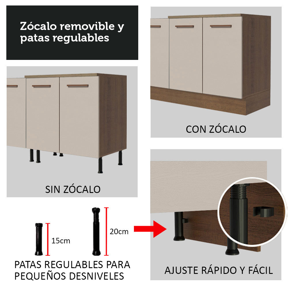 Bajo Mesada para Bacha 150 cm 2 Puertas y 2 Cajones (Sin Tapa Ni Bacha) Marrón/Crema Agata