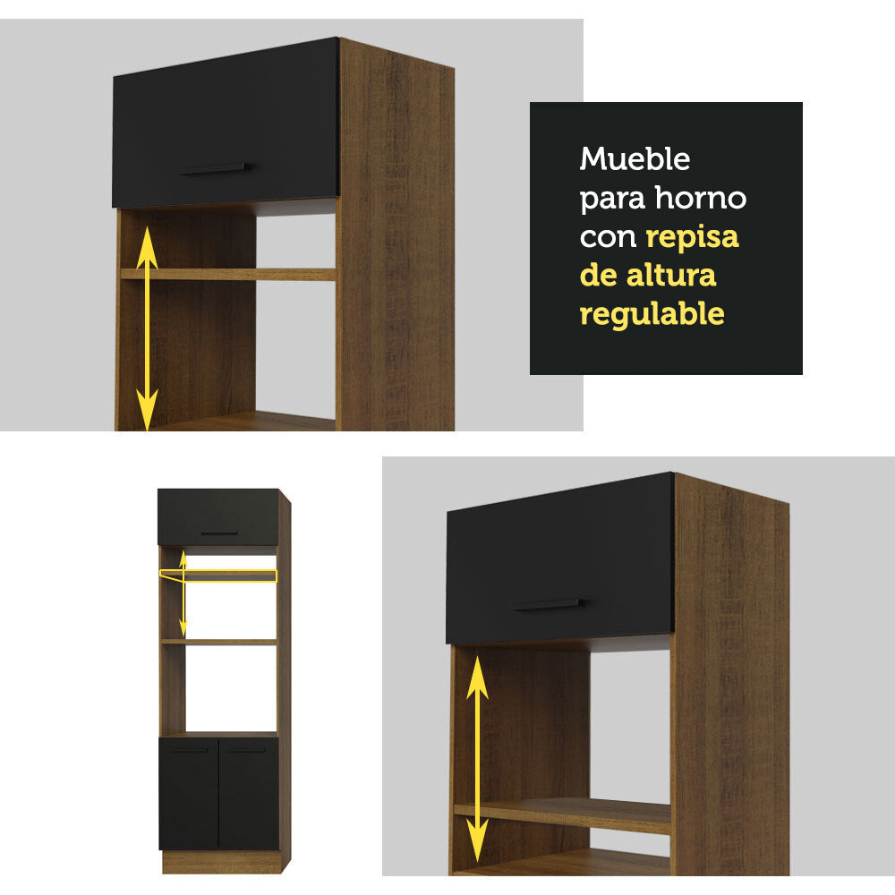 Mueble de cocina para Horno/ Microondas 70 cm Sin cajones 3 Puertas Agata Marrón/Negro