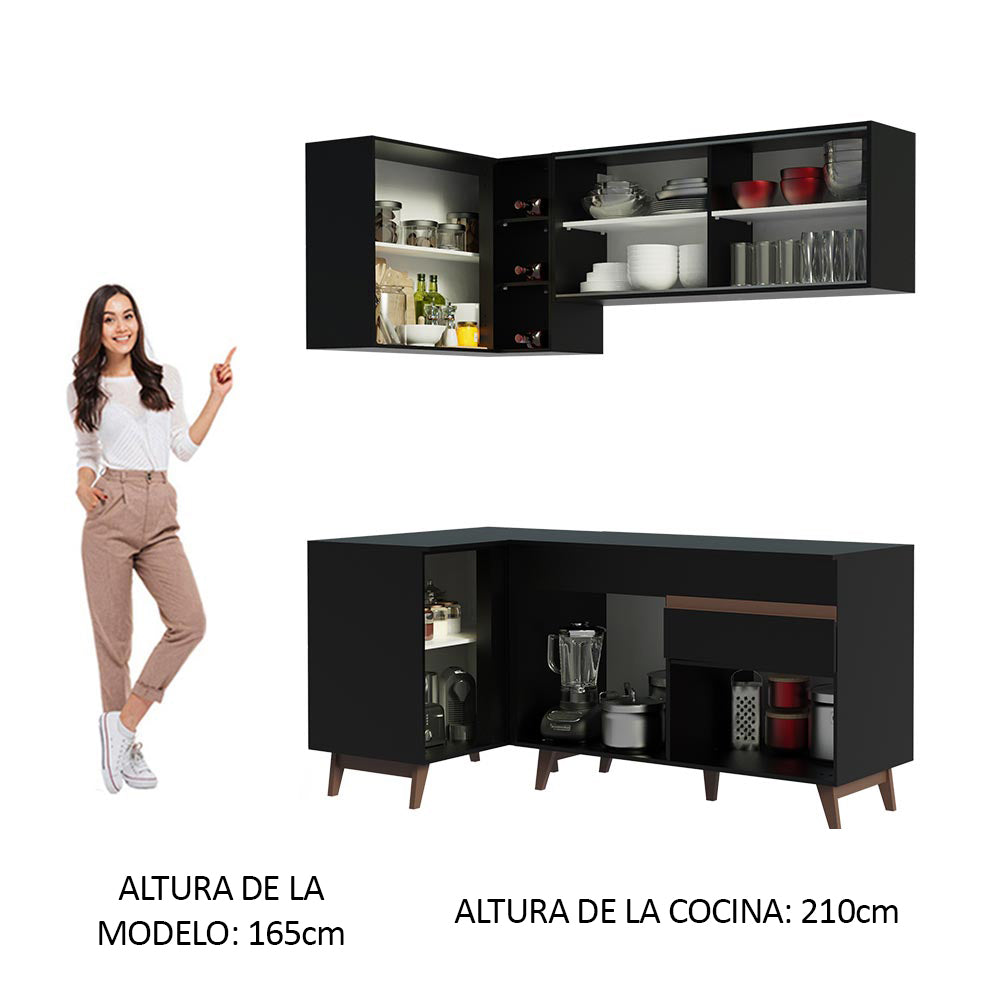 Combo completo de Cocina Esquinera 262 cm 6 Puertas 1 Cajón Negro Reims Madesa
