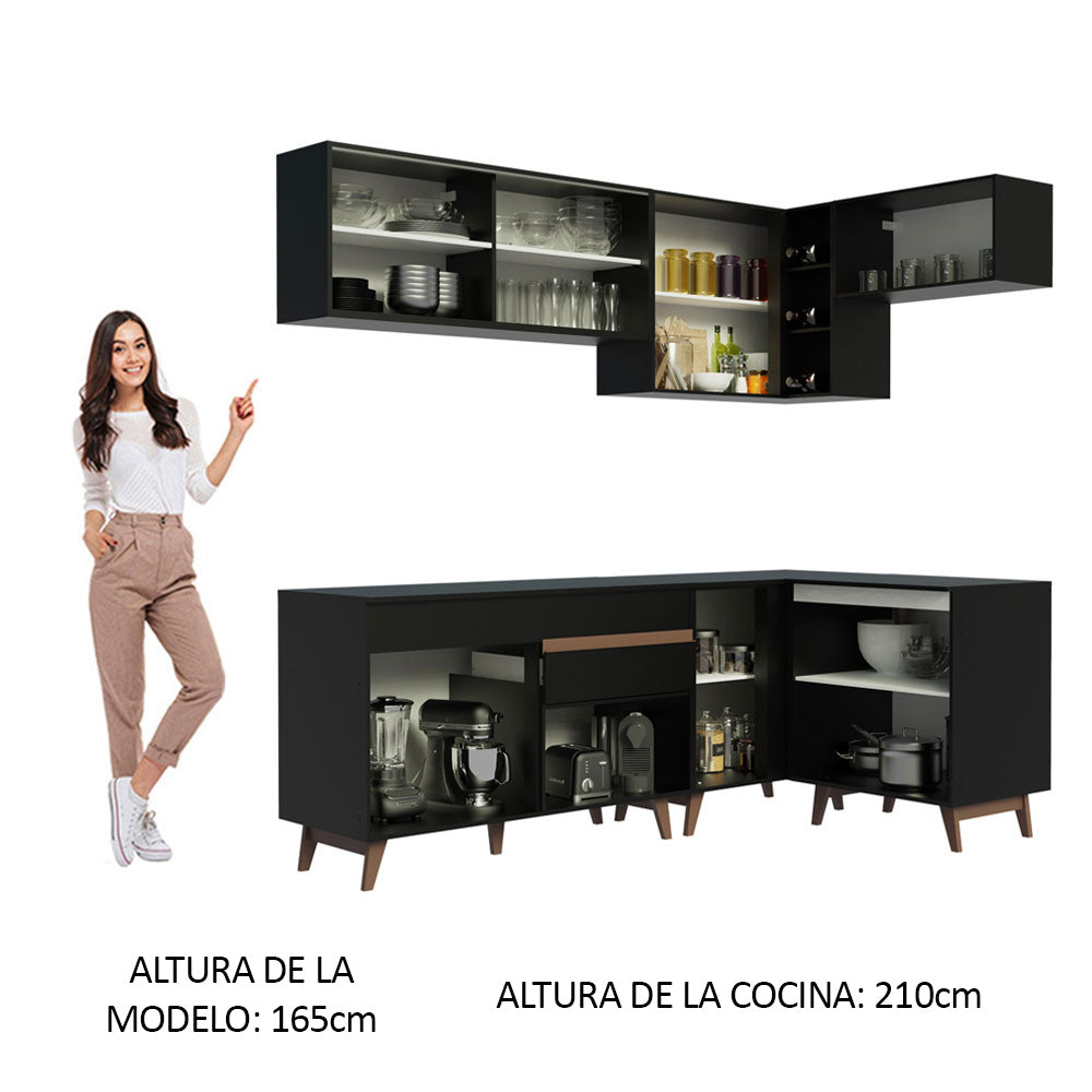Combo completo de Cocina Esquinera 332 cm 9 Puertas 1 Cajón Negro Reims Madesa