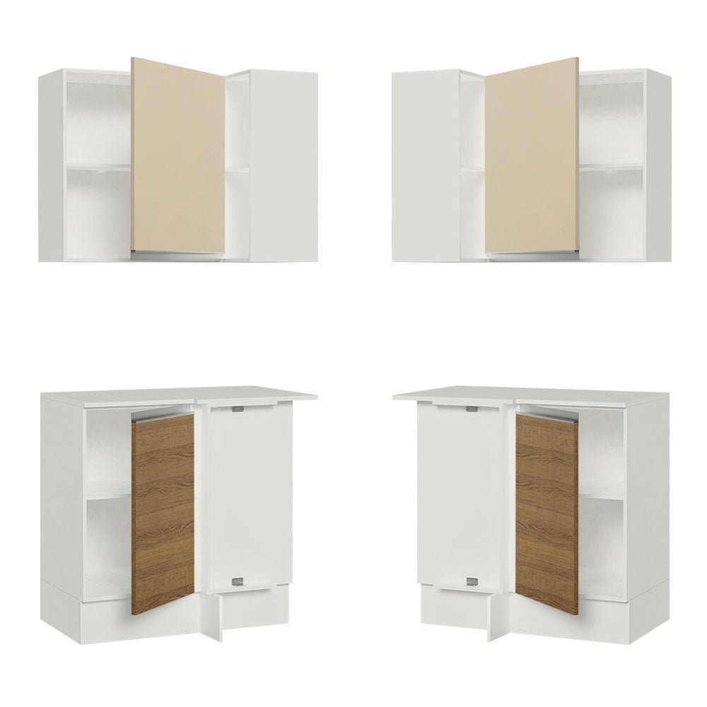 Kit Cocina Esquinera 100% MDF 2 Puertas y Nicho Marrón/Crema/Blanco Smart Madesa