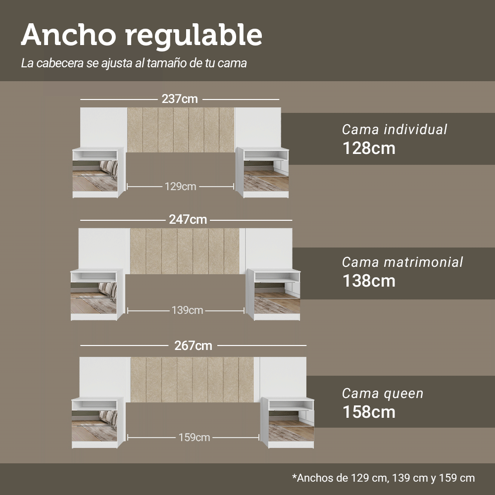 Respaldo de Cama Extensible Tapizado con 2 Mesas de Luz Espejadas Blanco/Imperial Madesa