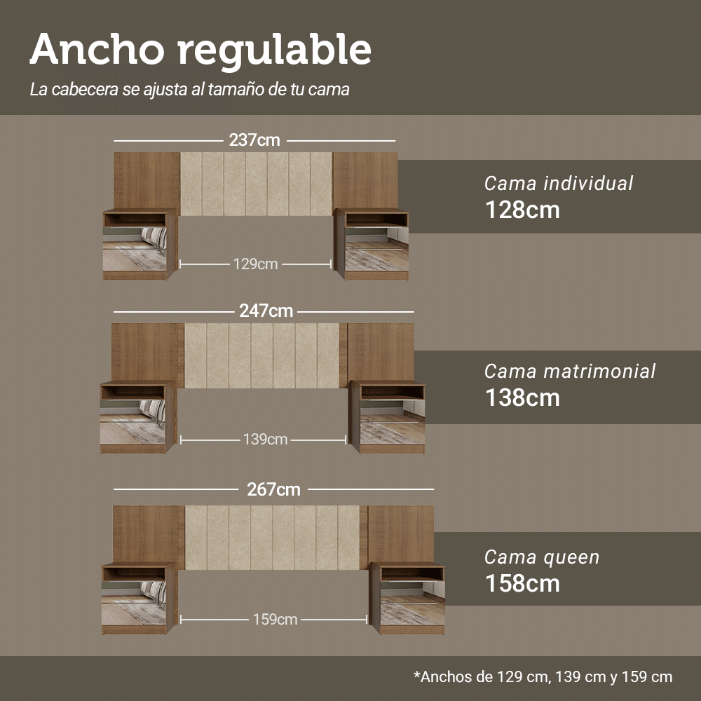 Respaldo de Cama Extensible Tapizado con 2 Mesas de Luz Espejadas Marrón/Imperial Madesa