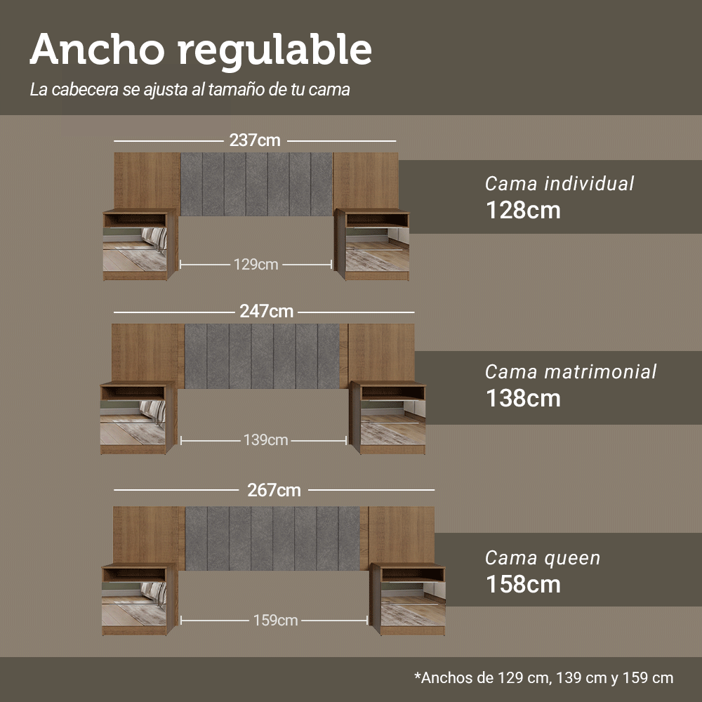 Respaldo de Cama Extensible Tapizado con 2 Mesas de Luz Espejadas Marrón/Silver Madesa