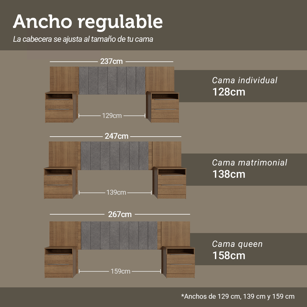 Respaldo de Cama Extensible Tapizado con 2 Mesas de Luz Marrón/Silver Madesa