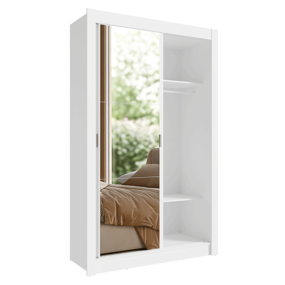 Kit Dormitorio Individual 2 Puertas Corredizas con 2 Espejos y Chifonier 6 Cajones Blanco Madesa