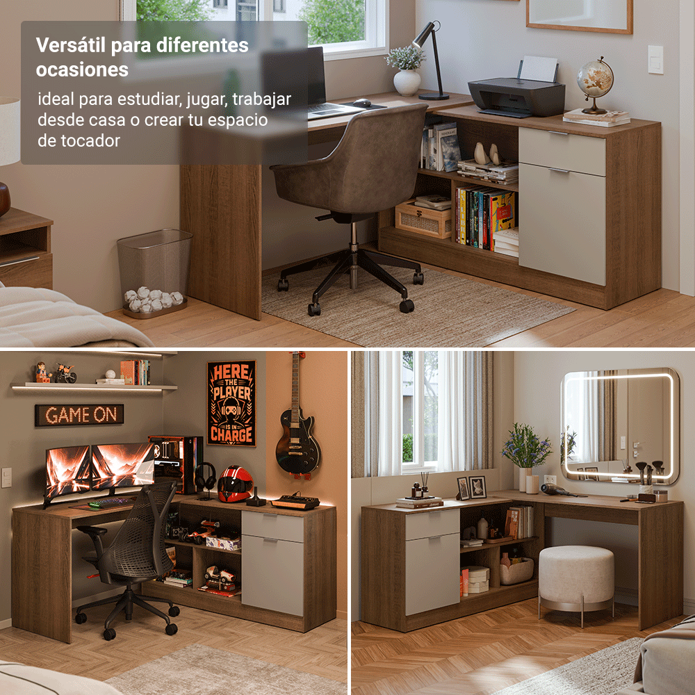 Escritorio Esquinero Gamer 300 cm Marrón/Crema Roma Madesa