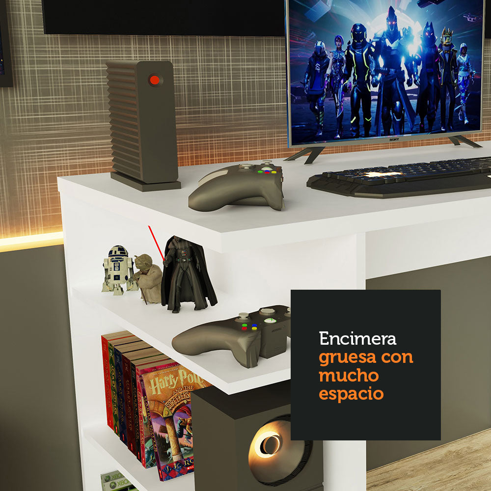 Escritorio Gamer Madesa 9409 con Panel para TV hasta 50 Pulgadas Blanco/Negro