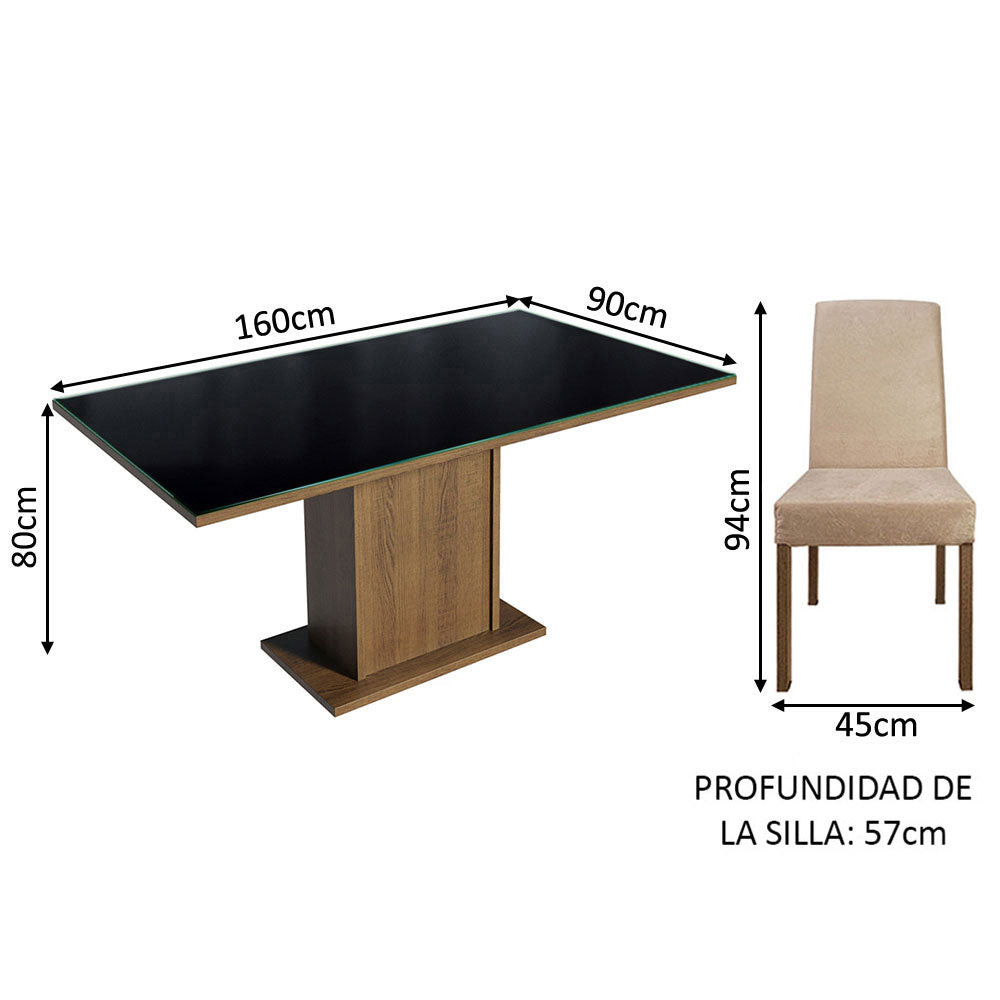 Juego de Comedor Mesa Tapa de Vidrio 6 Sillas Marrón/Negro/Imperial Alexis Madesa