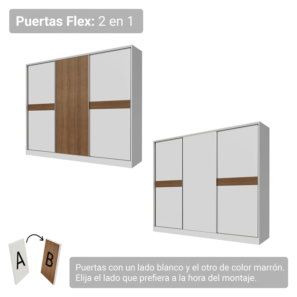 Placard Matrimonial Malta 231 cm 3 Puertas Corredizas 4 Cajones con Patas 100% MDF Blanco/Marrón Madesa