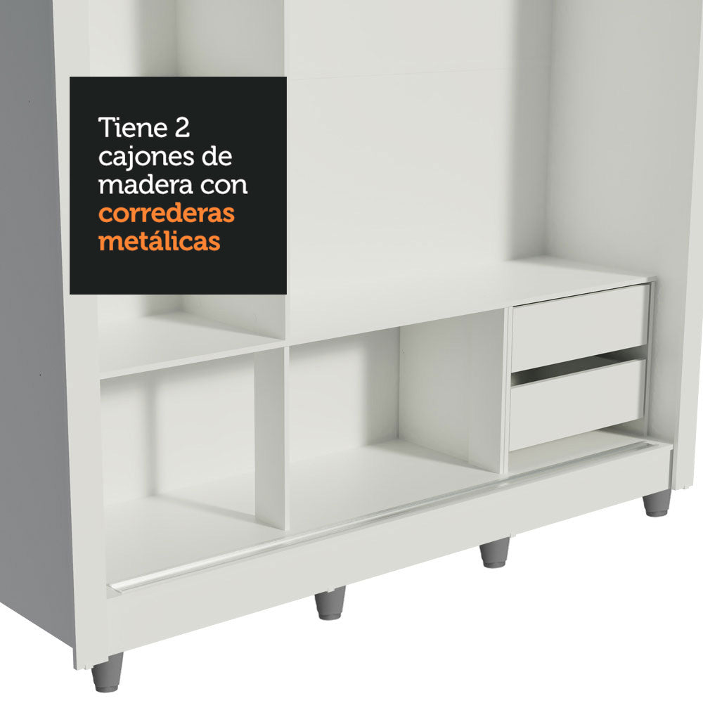 Placard Matrimonial Lyon 3 Puertas Corredizas con Espejos 2 Cajones con Patas Blanco