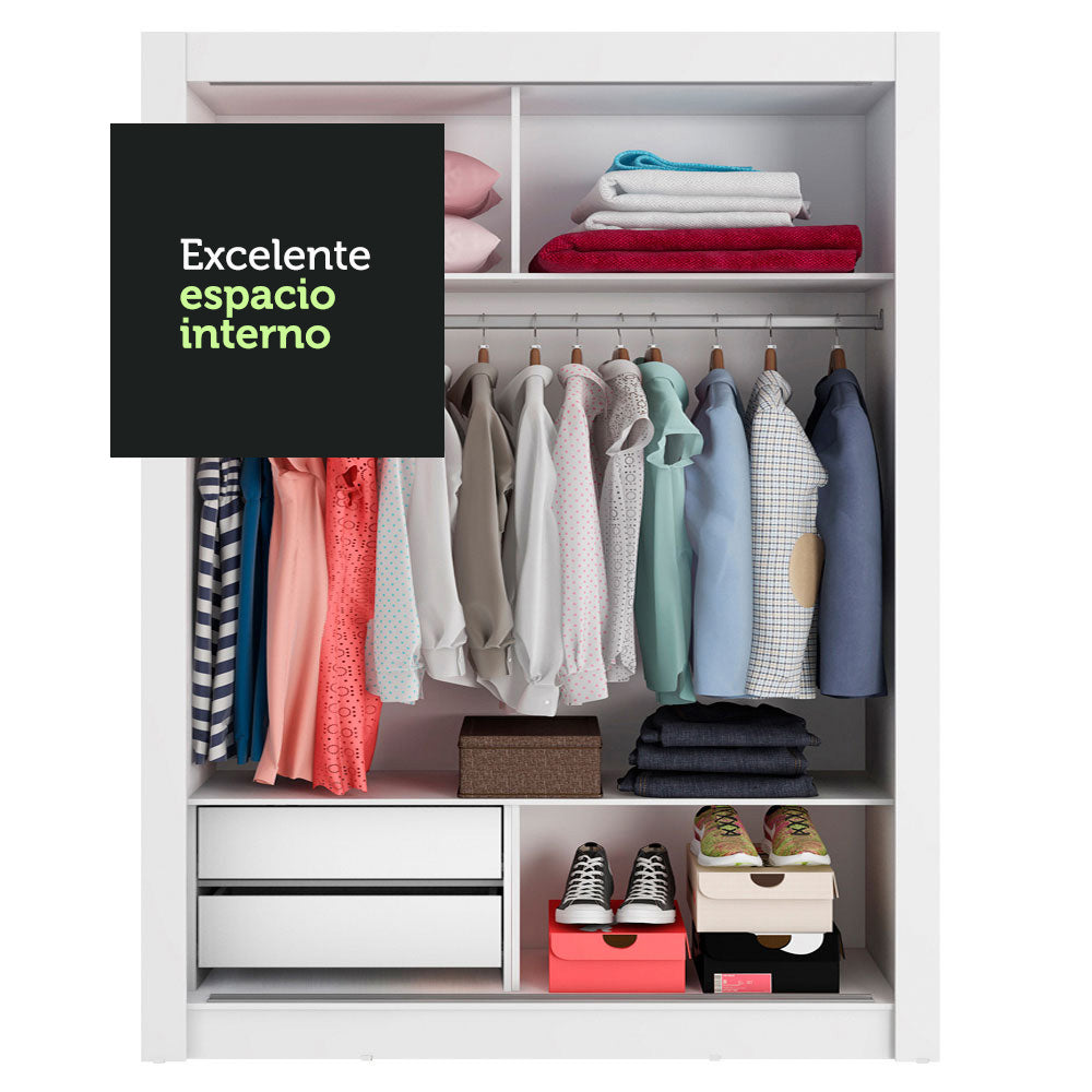 Placard Soltero Dallas 2 Puertas Corredizas con Espejo 2 Cajones Blanco