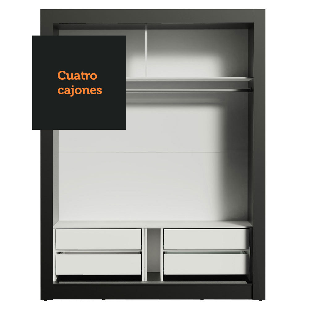 Placard Soltero Dallas Plus 2 Puertas Corredizas con Espejo 4 Cajones Negro