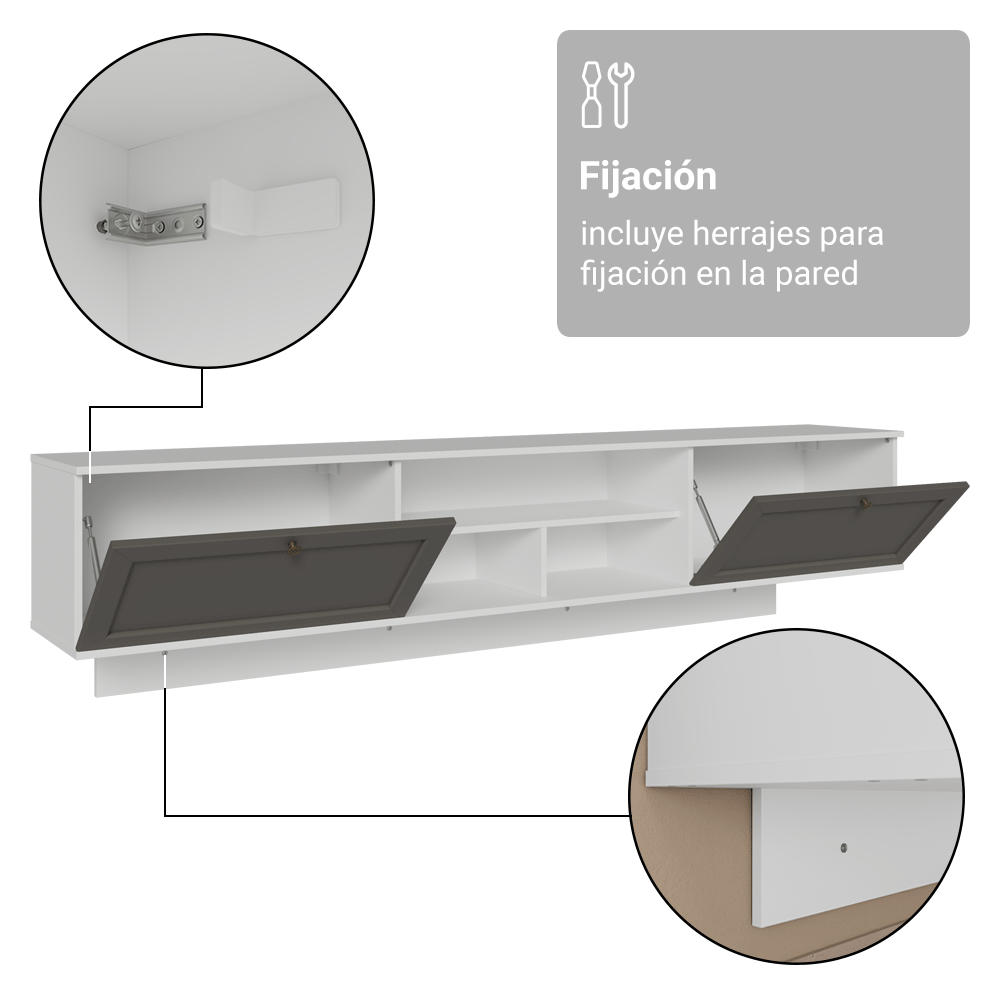 Rack Flotante para TV hasta 80 Pulgadas 218 cm 2 Puertas Blanco/Gris Vik Madesa