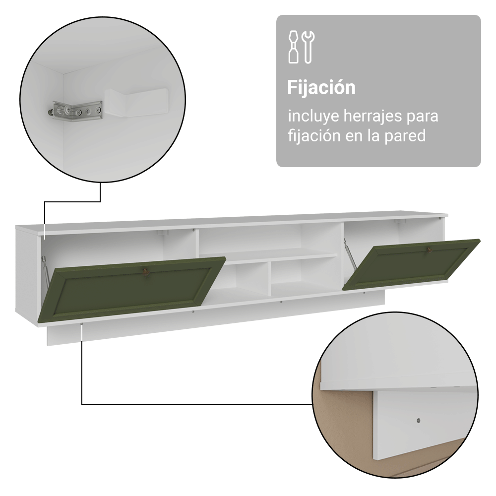 Rack Flotante para TV hasta 80 Pulgadas 218 cm 2 Puertas Blanco/Verde Vik Madesa