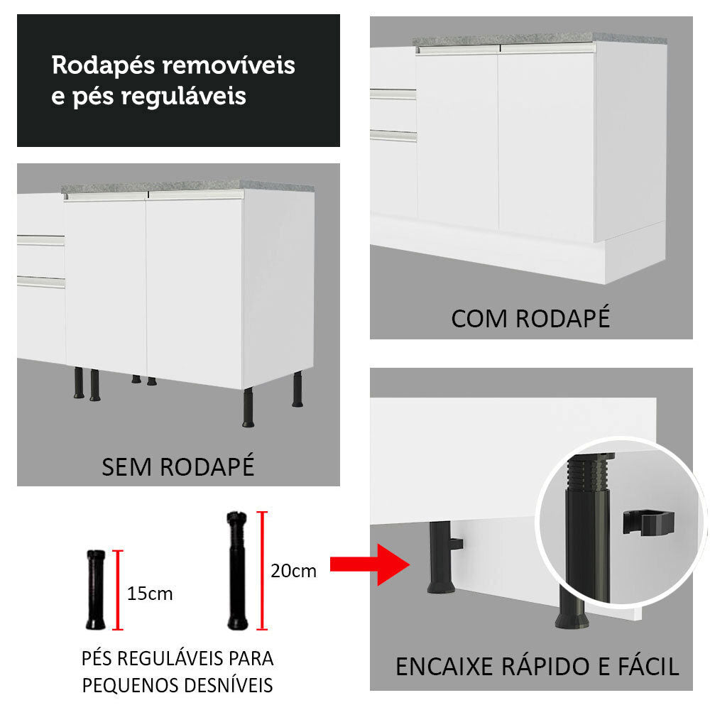 Bajo Mesada Cocina 120 x 60 cm 2 Puertas e 3 Cajones (Con Mesada) Blanco Glamy Madesa