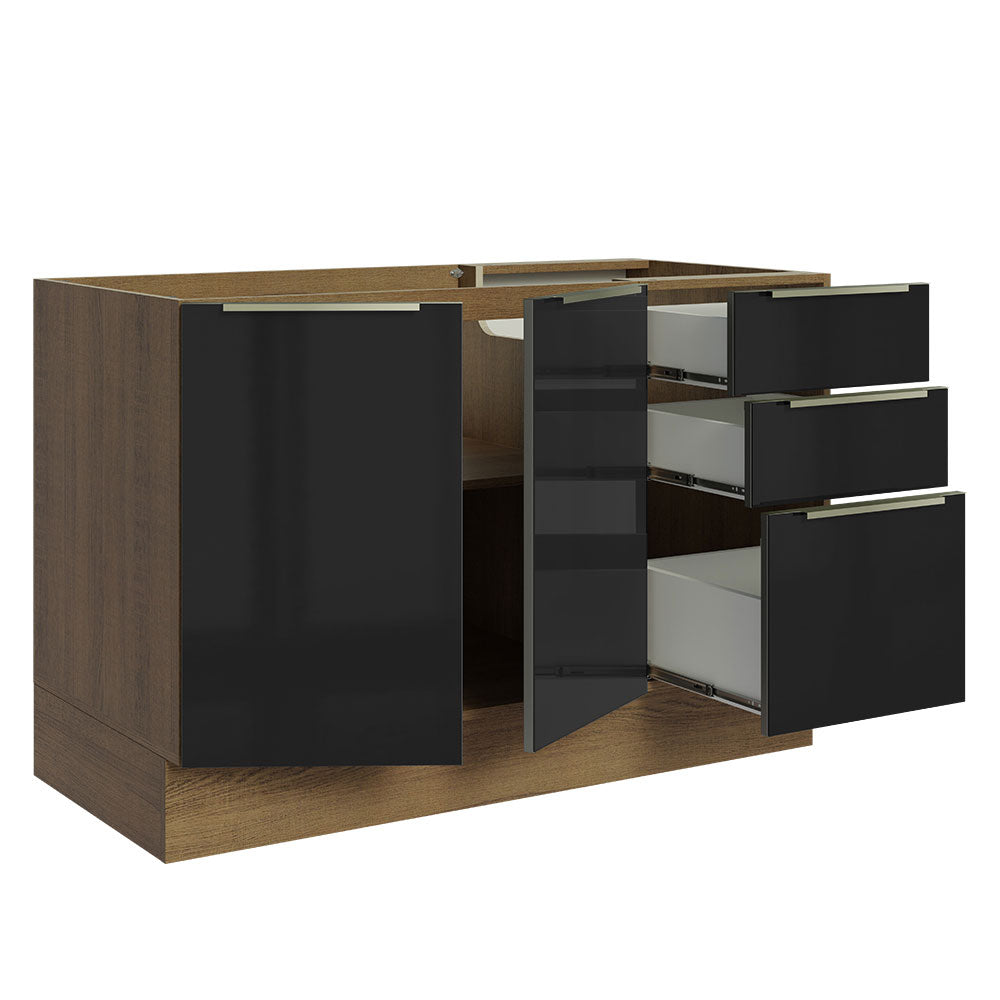 Bajo Mesada Cocina 120 cm x 60 cm, 3 Cajones 2 Puertas Lux Marrón/Negro
