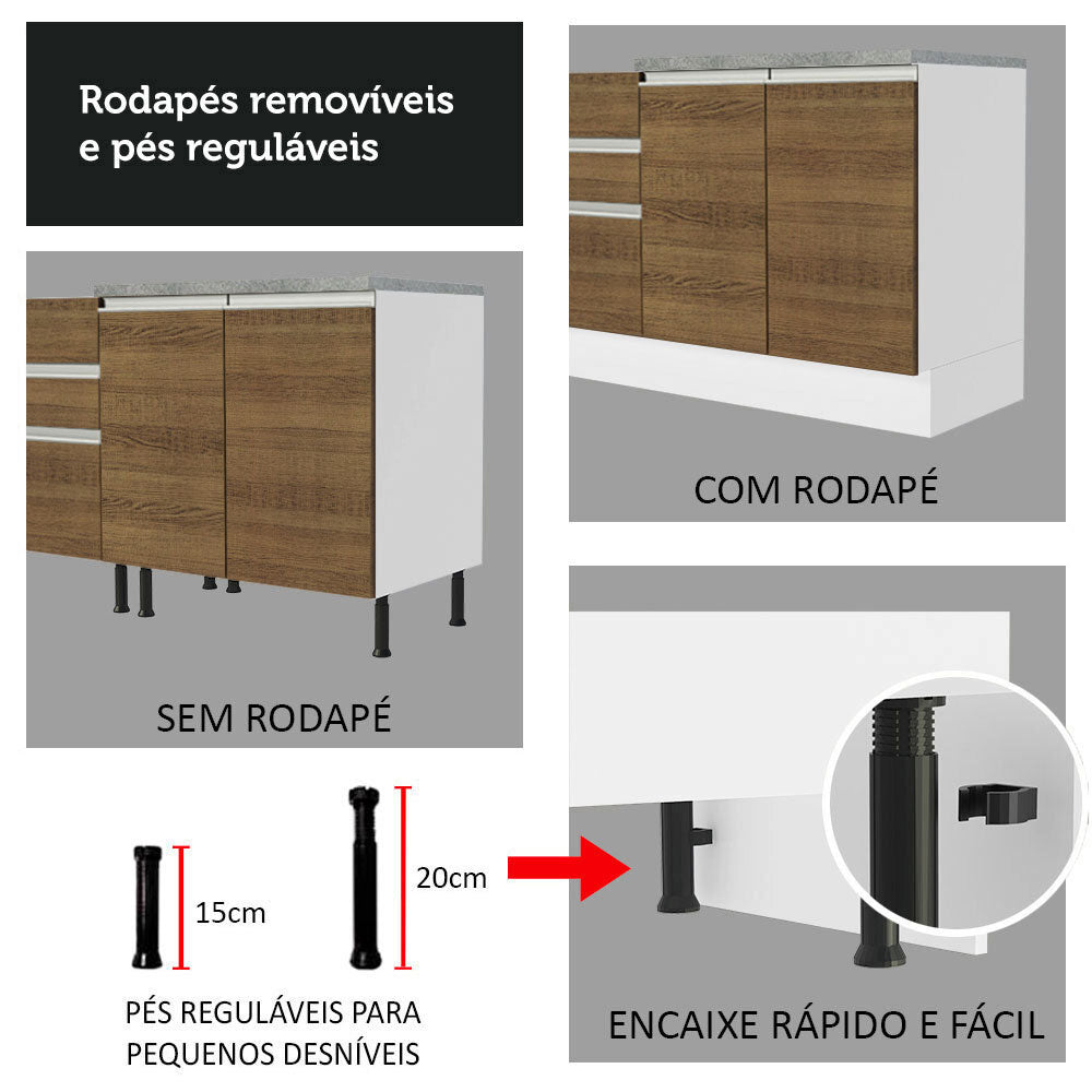 Bajo Mesada Cocina 120 x 60 cm 2 Puertas e 3 Cajones (Con Mesada) Blanco/Marrón Glamy Madesa