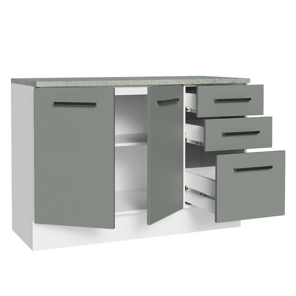 Bajo Mesada Cocina 120 cm x 60 cm, 3 Cajones 2 Puertas Agata Blanco/Gris